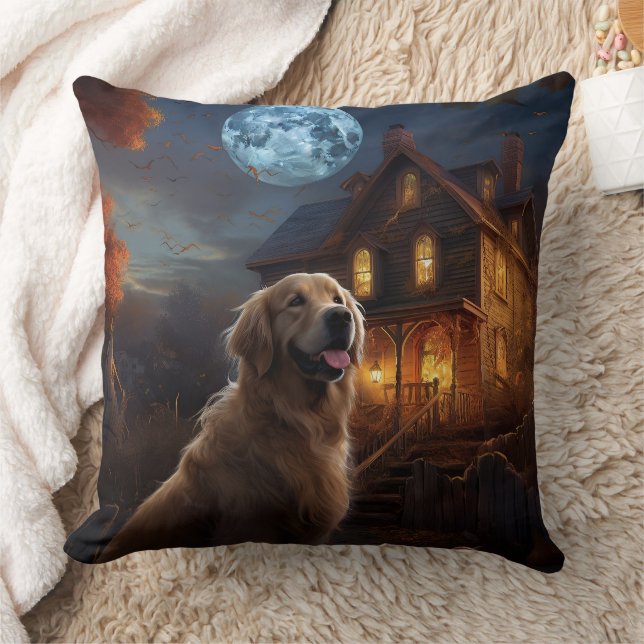 Golden Retriever Halloween Skräckinjagande Kudde (Filt)