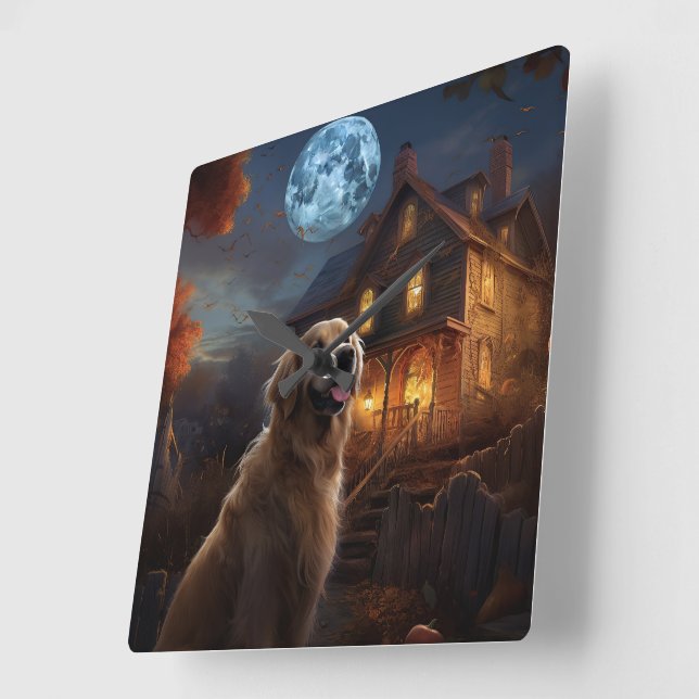 Golden Retriever Halloween Skräcklig Fyrkantig Klocka (Vinkel)