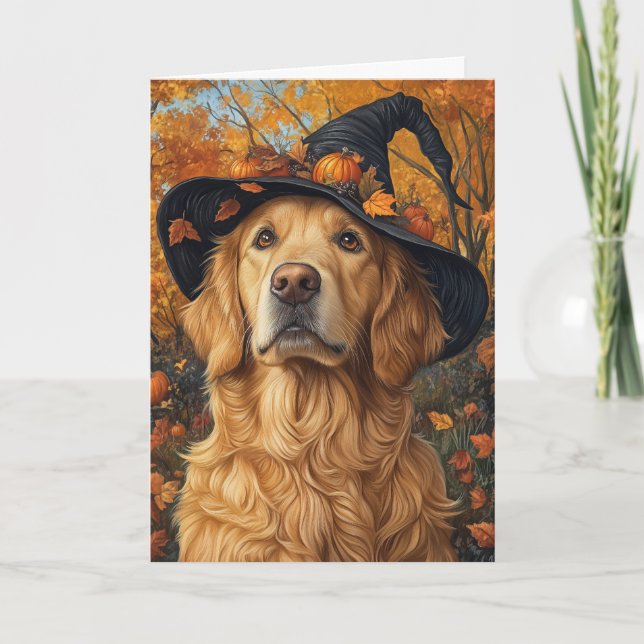 Golden Retriever Häxa Halloween Helgkort (Framsida)