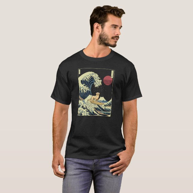 Golden Retriever Hokusai Japanska Kanagawa Wave T Shirt (Hel framsida)