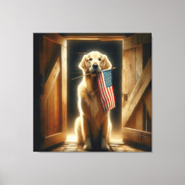 Golden Retriever Holding An American Flagga Canvastryck