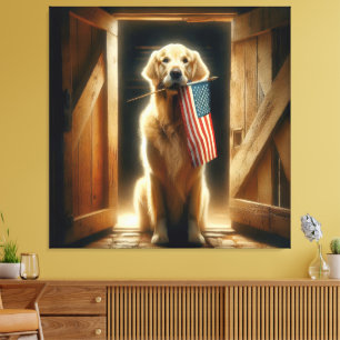Golden Retriever Holding An American Flagga Canvastryck