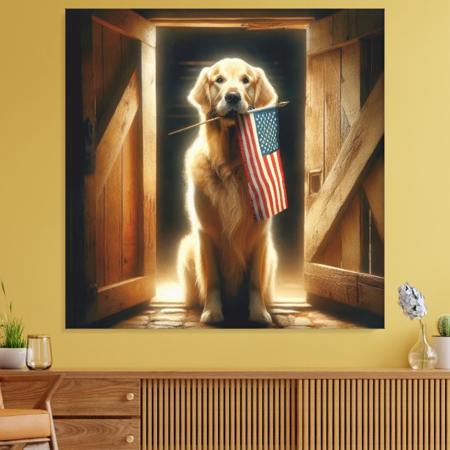 Golden Retriever Holding An American Flagga Canvastryck (Insitu (Vardagsrum))