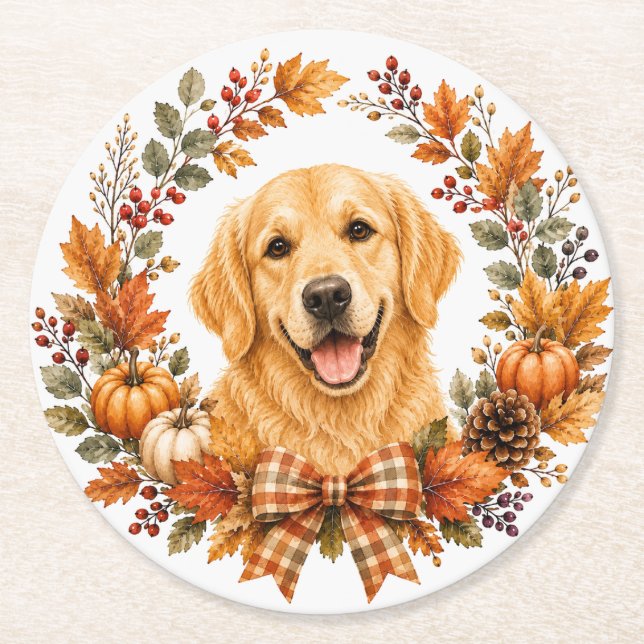 Golden Retriever Höst Coaster Underlägg Papper Rund (Framsidan)