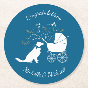 Golden Retriever Hund Baby Shower Blue Boy Underlägg Papper Rund