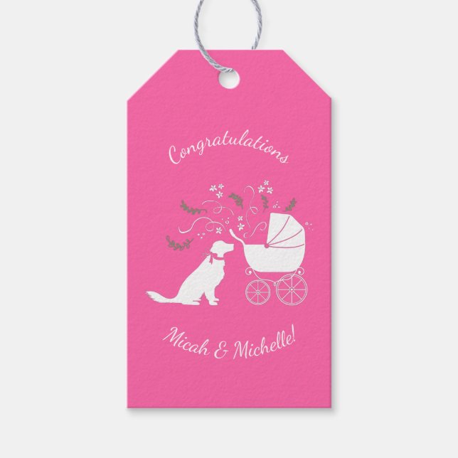 Golden Retriever Hund Baby Shower Rosa Girl Presentetikett (Framsidan)