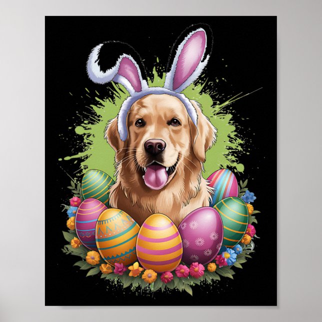 Golden Retriever Hund Bunny Öron Påskägg Vår Poster (Framsidan)
