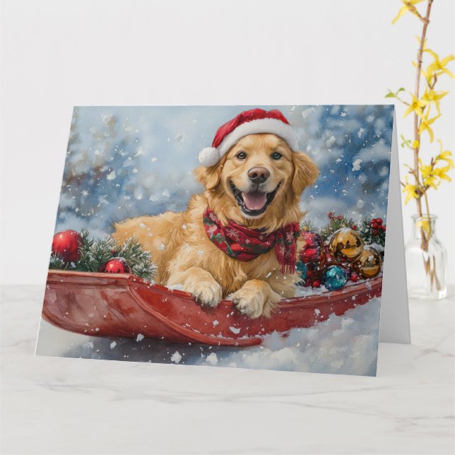Golden Retriever Hund i Släd Snö Jul Kort (Gul blomma)