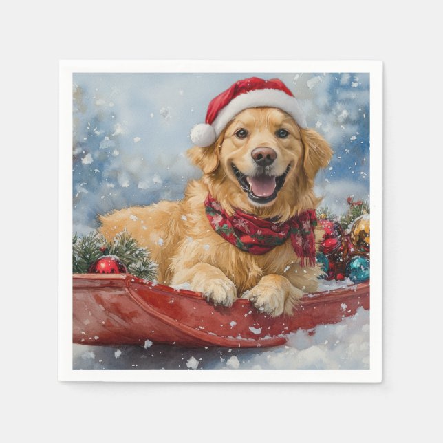 Golden Retriever Hund i Släd Snö Jul Pappersservett (Framsidan)