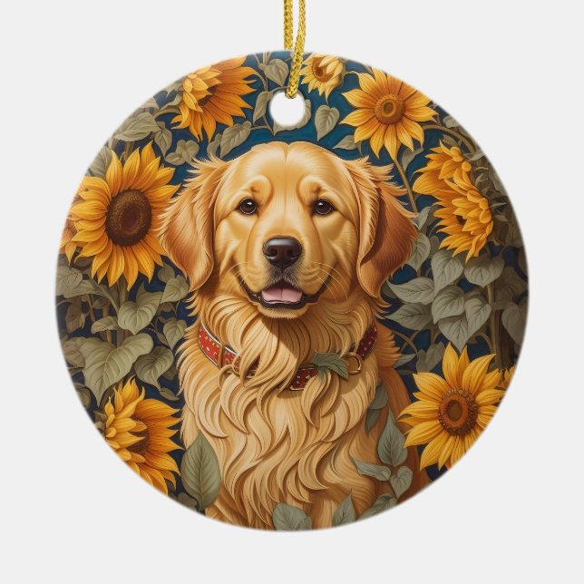 Golden Retriever-Hund i solrosblomman Fält Julgransprydnad Keramik (Framsidan)