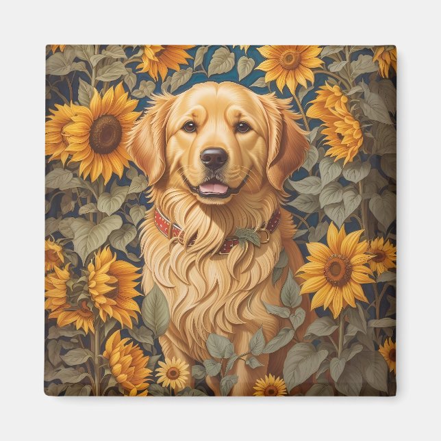 Golden Retriever-Hund i solrosblomman Fält Magnet (Framsidan)