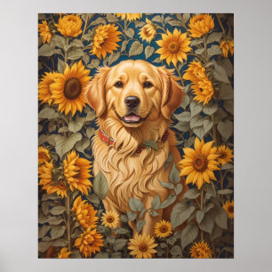 Golden Retriever-Hund i solrosblomman Fält Poster