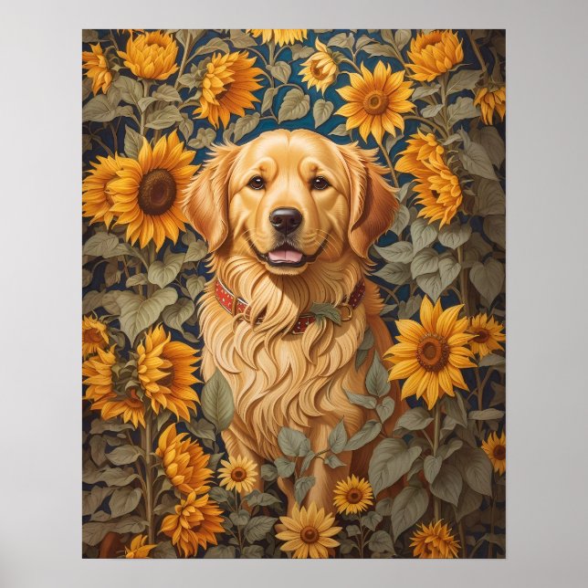 Golden Retriever-Hund i solrosblomman Fält Poster (Framsidan)