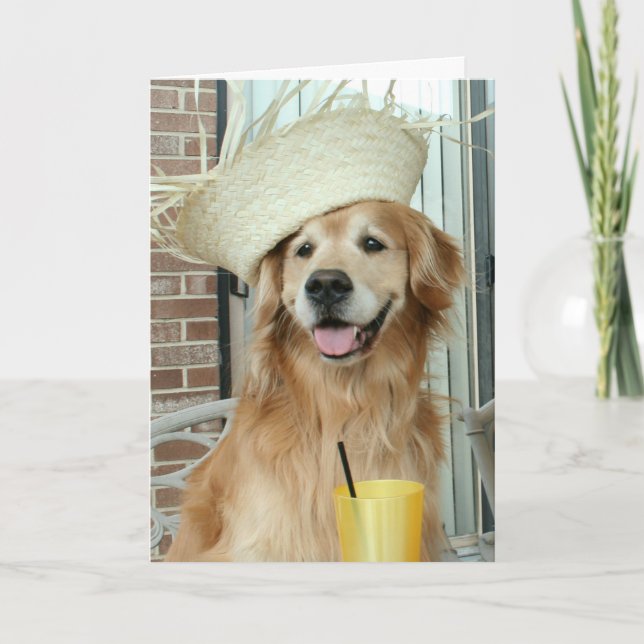 Golden Retriever Hund i Straw Hat Lycklig Summer Kort (Framsida)
