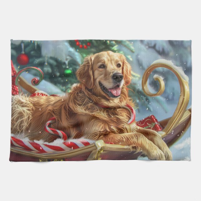 Golden Retriever Hund Jul Festive Kökshandduk (Horisontell)