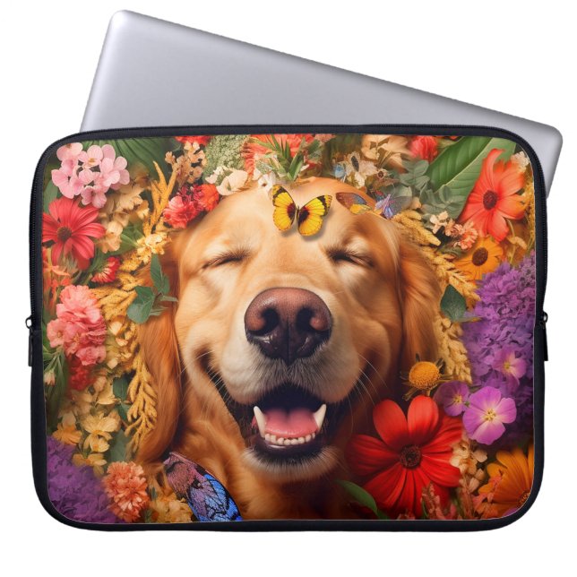 Golden Retriever Hund med Blommor Bärbar dator Laptop Fodral (Framsidan)