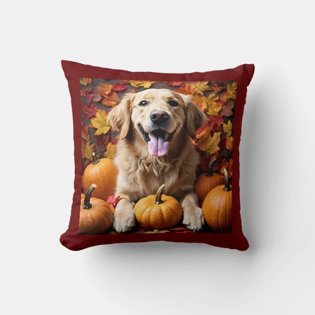 Golden Retriever-Hund med höstpumpor & Löv Kudde (Framsida)