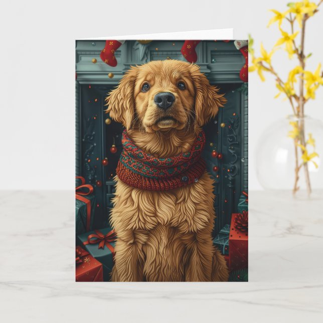 Golden Retriever Hund Med Julpresent Braskamin Kort (Gul blomma)