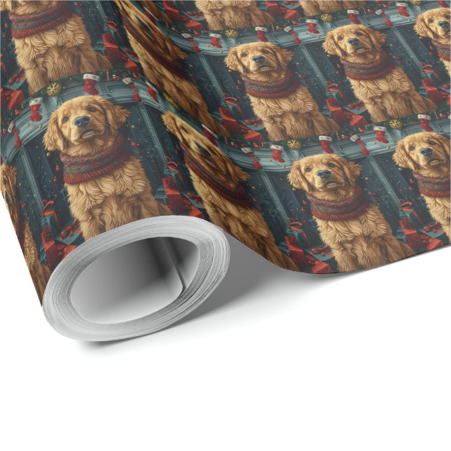 Golden Retriever Hund Med Julpresent Braskamin Presentpapper (Rulle Hörn)