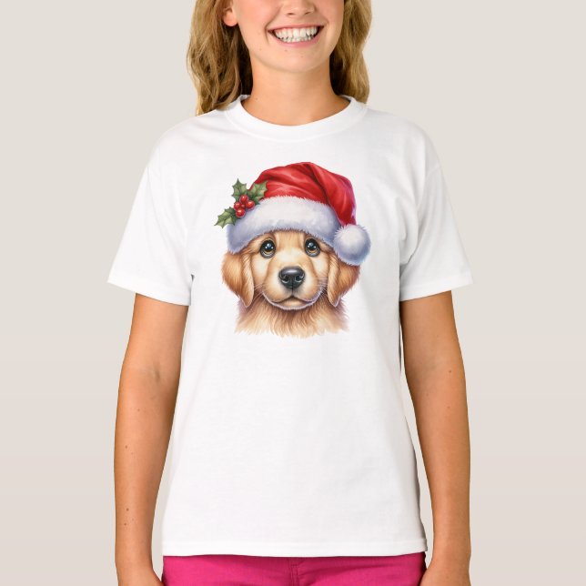 Golden Retriever Hund med Jultomten Stil-82535 T Shirt (Framsida)