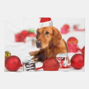 Golden Retriever Hund Med Röd Tomtehatt Jul Kökshandduk