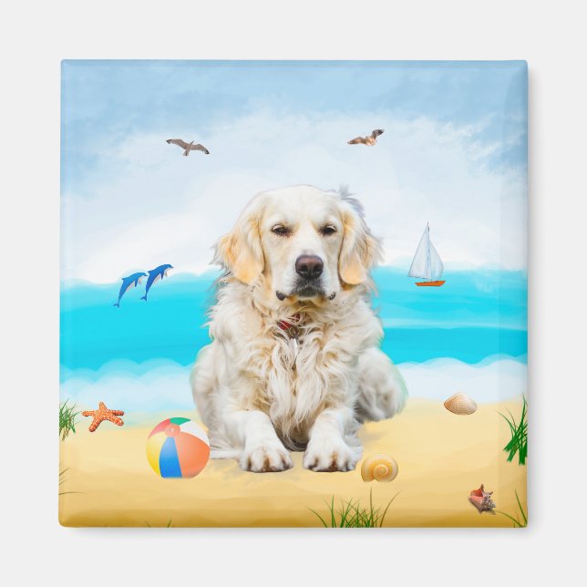 Golden Retriever Hund på Beach Magnet (Framsidan)