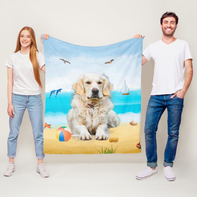 Golden Retriever Hund på Strand Fleecefilt (På plats)