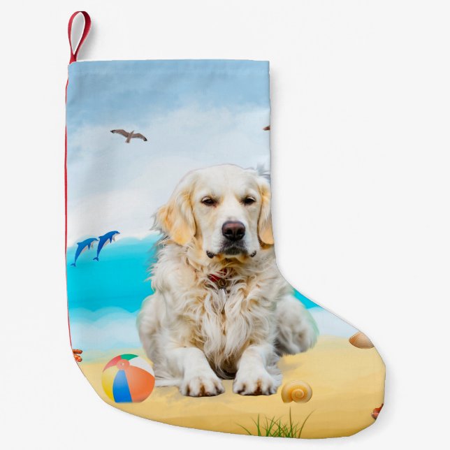 Golden Retriever Hund på Strand Liten Julstrumpa (Framsidan)