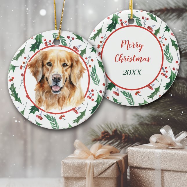 Golden Retriever Hund Red Berry Holly Gräns Julgransprydnad Keramik (Skapare uppladdad)