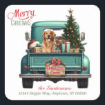 Golden Retriever Hund Retro Lastbil jul Square Fyrkantigt Klistermärke<br><div class="desc">På detta klistermärke ser en vacker Golden Retriever-hund ut från en tealretro stil pickupa lastbil. Även i lastbil finns ett dekorerat Helgdag träd, ett skarpt inslaget paket och en röd och vit Jultomten hatt. Den röda och teala texten säger "GOD JUL", med ditt namn och adress i rött och matchande...</div>