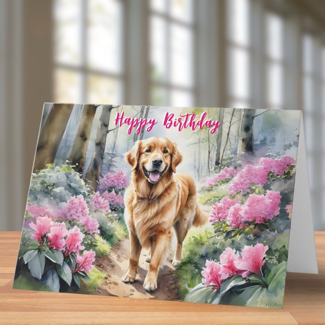 Golden Retriever Hund Rosa Blommor Grattis på föde Kort (A birthday card with picture of a golden retriever dog by rhododendrons, in a watercolor style)
