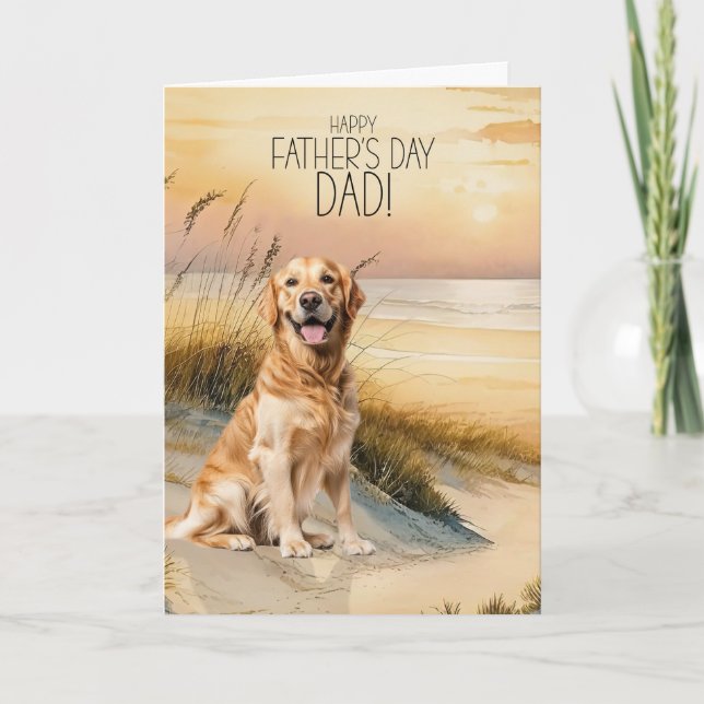 Golden Retriever Hund Solnedgång Strand Fars Dag Helgkort (Framsida)