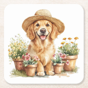 Golden Retriever Hund Trädgårdsskötsel Blomkrukor Underlägg Papper Kvadrat