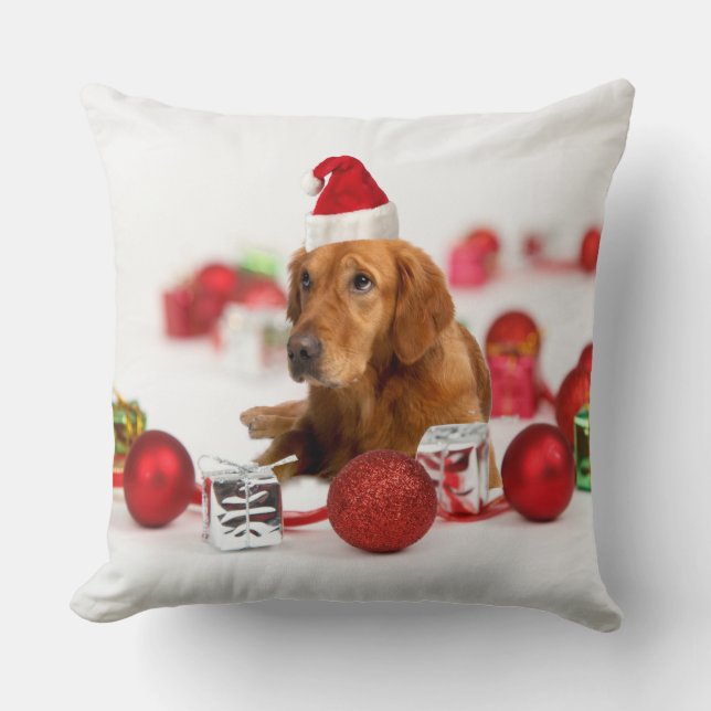 Golden Retriever Hund W Red Santa Hat jul Kudde (Framsida)