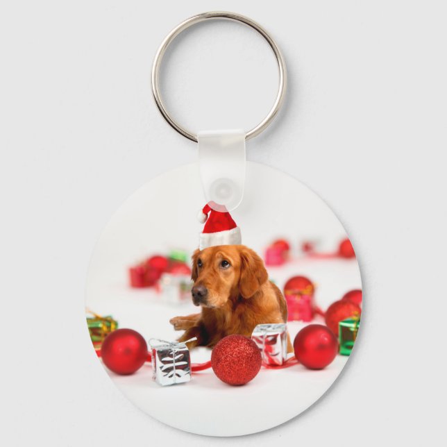 Golden Retriever Hund W Red Santa Hat jul Nyckelring (Framsida)