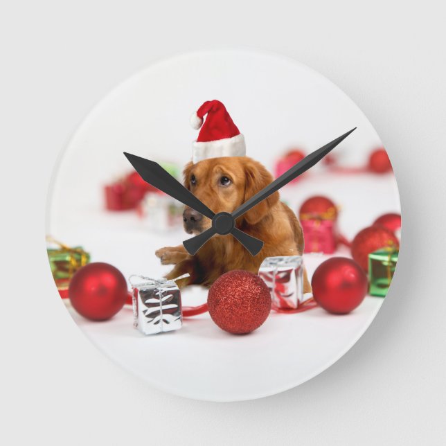 Golden Retriever Hund W Red Santa Hat jul Rund Klocka (Framsida)