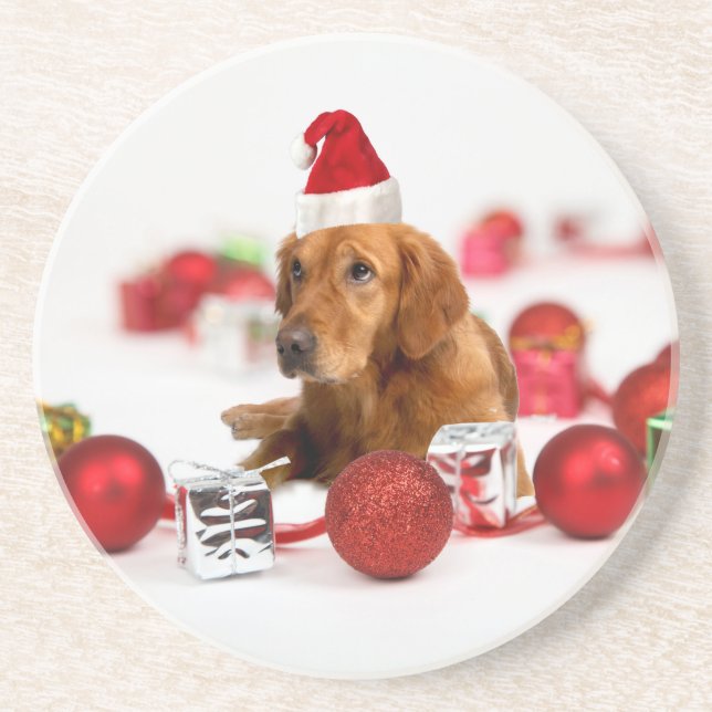 Golden Retriever Hund W Red Santa Hat jul Underlägg Sandsten (Framsidan)