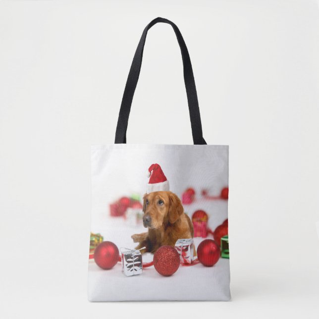 Golden Retriever Hund W Red Santa Hat Tygkasse (Framsida)