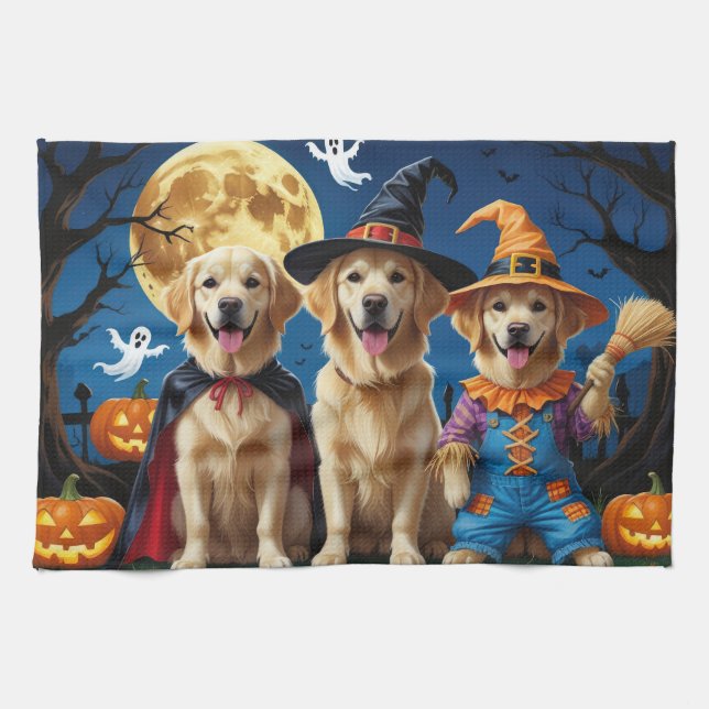 Golden Retriever Hundar Pumpkin Halloween Funny Kökshandduk (Horisontell)