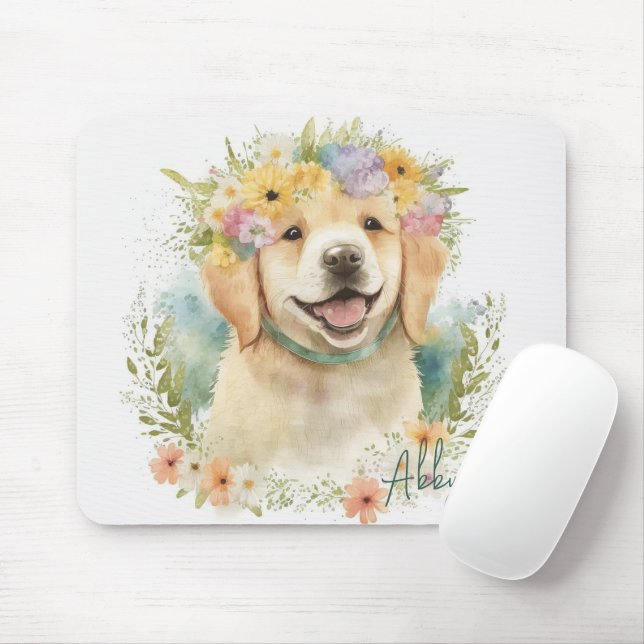 Golden Retriever i Blommigt Utandning Musmatta (Med mus)
