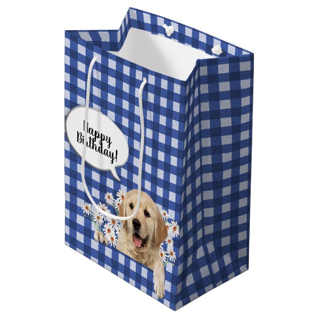 Golden Retriever i daisy på blue gingham (Framsidan Vinklad)