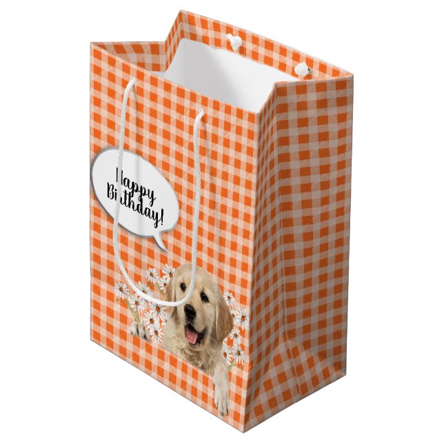 Golden Retriever i daisy på orange gingham (Framsidan Vinklad)