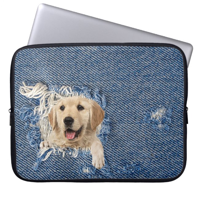 Golden Retriever i Denim Hål Laptop Fodral (Framsidan)