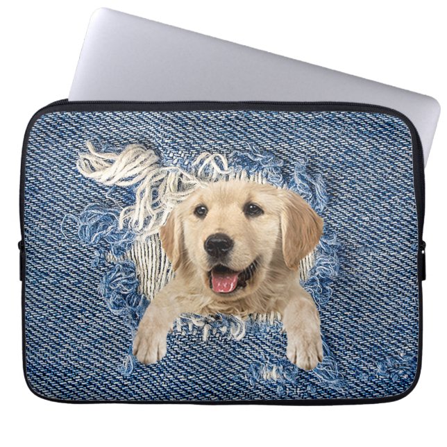 Golden Retriever i Denim Hål Laptop Fodral (Framsidan)