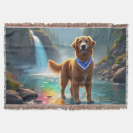 Golden Retriever i en Fantasy Rainbow River Filt