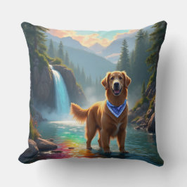 Golden Retriever i en Fantasy Rainbow River Kudde