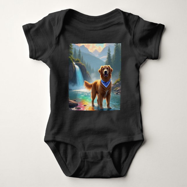 Golden Retriever i en Fantasy Rainbow River T Shirt (Framsida)