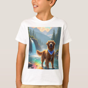 Golden Retriever i en Fantasy Rainbow River T Shirt