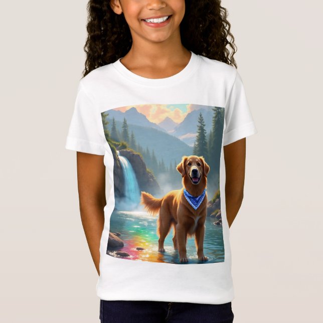 Golden Retriever i en Fantasy Rainbow River T Shirt (Framsida)