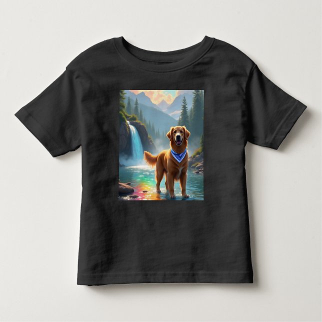Golden Retriever i en Fantasy Rainbow River T Shirt (Framsida)